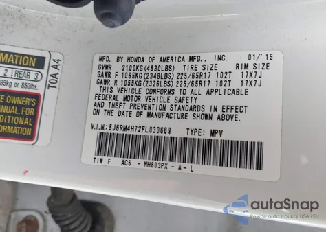 2015 Honda Cr-V Ex-L из США, поврежденный, VIN 5J6RM4H72FL030669